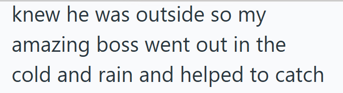 knew he was outside so my amazing boss went out in the cold and rain and helped to catch