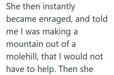 She then instantly became enraged, and told me I was making a mountain out of a molehill, that I would not have to help. Then she