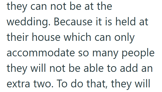 they can not be at the wedding. Because it is held at their house which can only accommodate so many people they will not be able to add an extra two. To do that, they will