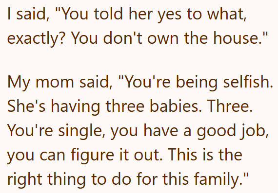 I said, "You told her yes to what, exactly? You don't own the house." My mom said, "You're being selfish. She's having three babies. Three. You're single, you have a good job, you can figure it out. This is the right thing to do for this family."