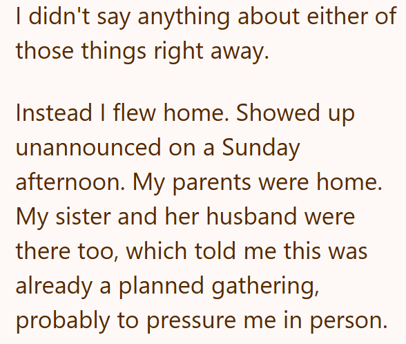 I didn't say anything about either of those things right away. Instead I flew home. Showed up unannounced on a Sunday afternoon. My parents were home. My sister and her husband were there too, which told me this was already a planned gathering, probably to pressure me in person.