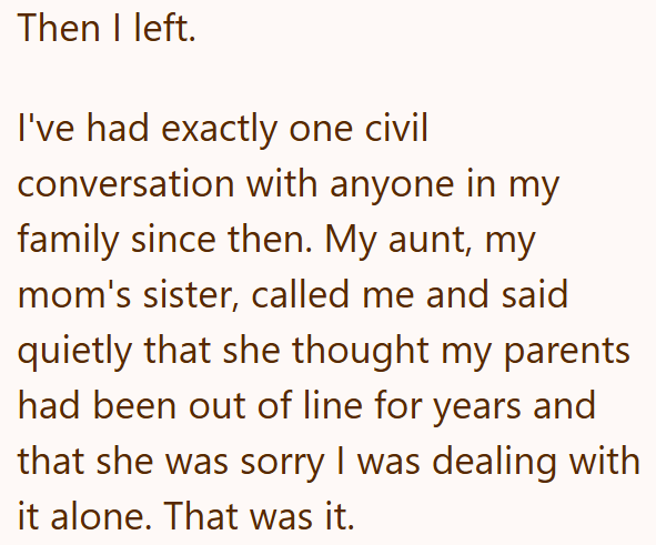 Then I left. I've had exactly one civil conversation with anyone in my family since then. My aunt, my mom's sister, called me and said quietly that she thought my parents had been out of line for years and that she was sorry I was dealing with it alone. That was it.