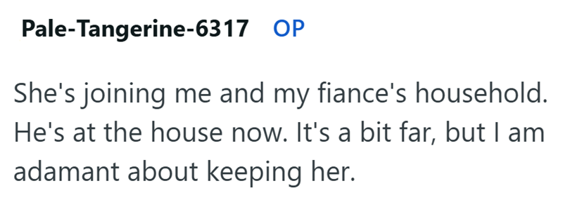Pale-Tangerine-6317 OP She's joining me and my fiance's household. He's at the house now. It's a bit far, but I am adamant about keeping her.
