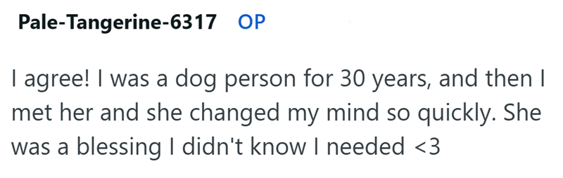 Pale-Tangerine-6317 OP I agree! I was a dog person for 30 years, and then I met her and she changed my mind so quickly. She was a blessing I didn't know I needed <3