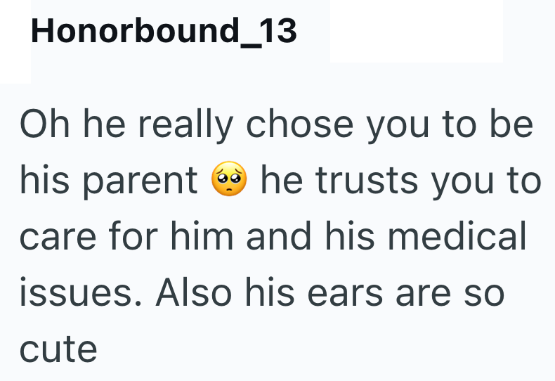 Honorbound_13 Oh he really chose you to be his parent he trusts you to care for him and his medical issues. Also his ears are so cute