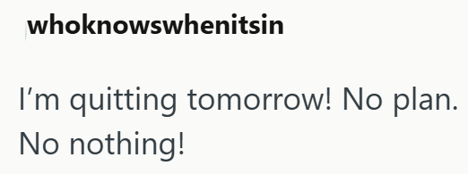 whoknowswhenitsin I'm quitting tomorrow! No plan. No nothing!