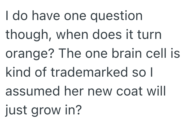 I do have one question though, when does it turn orange? The one brain cell is kind of trademarked so I assumed her new coat will just grow in?