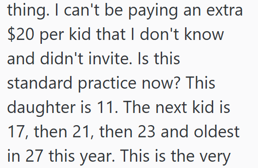 thing. I can't be paying an extra $20 per kid that I don't know and didn't invite. Is this standard practice now? This daughter is 11. The next kid is 17, then 21, then 23 and oldest in 27 this year. This is the very