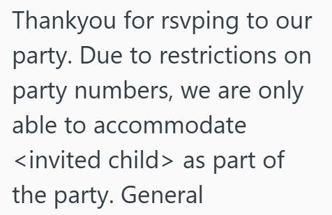 Thankyou for rsvping to our party. Due to restrictions on party numbers, we are only able to accommodate <invited child> as part of the party. General