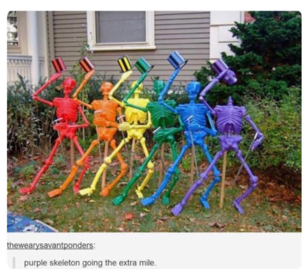 thewearysavantponders: purple skeleton going the extra mile.