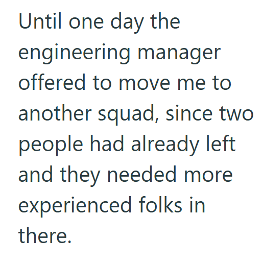Until one day the engineering manager offered to move me to another squad, since two people had already left and they needed more experienced folks in there.
