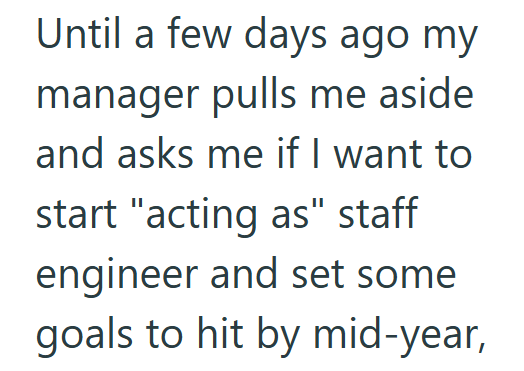 Until a few days ago my manager pulls me aside and asks me if I want to start "acting as" staff engineer and set some goals to hit by mid-year,