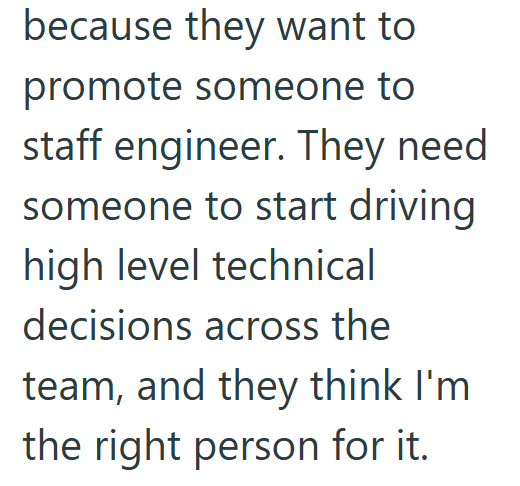 because they want to promote someone to staff engineer. They need someone to start driving high level technical decisions across the team, and they think I'm the right person for it.