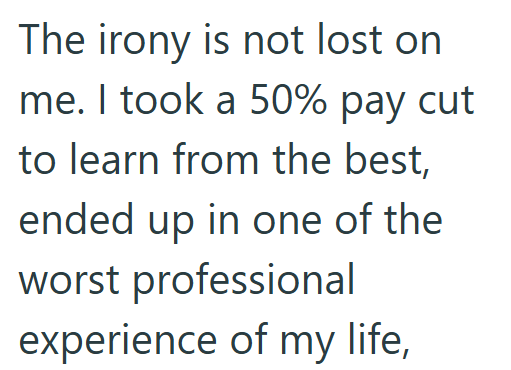 The irony is not lost on me. I took a 50% pay cut to learn from the best, ended up in one of the worst professional experience of my life,