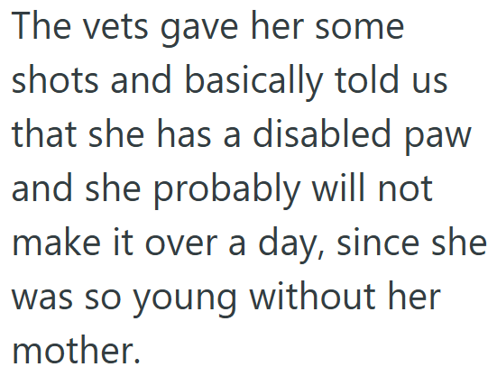 The vets gave her some shots and basically told us that she has a disabled paw and she probably will not make it over a day, since she was so young without her mother.