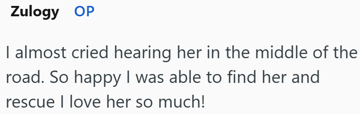 Zulogy OP I almost cried hearing her in the middle of the road. So happy I was able to find her and rescue I love her so much!