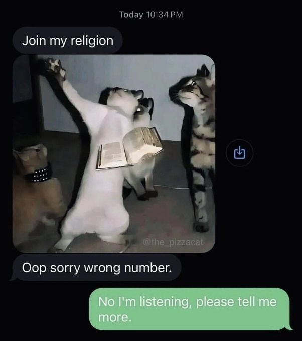 Today 10:34 PM Join my religion F @the_pizzacat Oop sorry wrong number. No I'm listening, please tell me more.