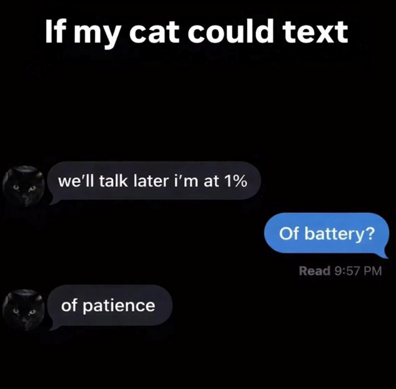 If my cat could text we'll talk later i'm at 1% of patience Of battery? Read 9:57 PM