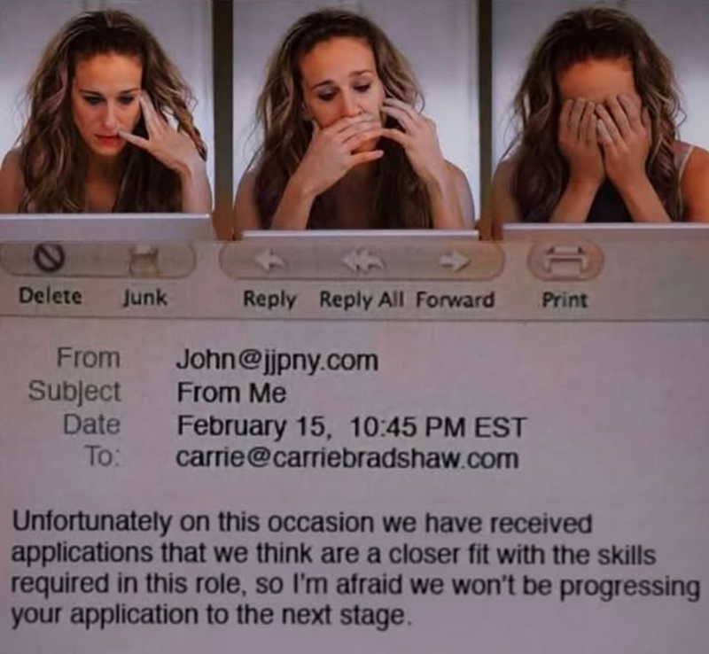 Delete Junk Reply Reply All Forward Print John@jjpny.com From Subject Date To: From Me February 15, 10:45 PM EST carrie@carriebradshaw.com Unfortunately on this occasion we have received applications that we think are a closer fit with the skills required in this role, so I'm afraid we won't be progressing your application to the next stage.