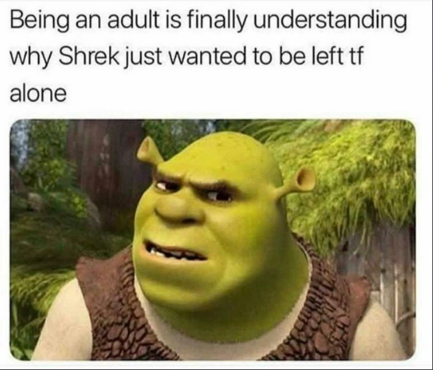 Being an adult is finally understanding why Shrek just wanted to be left tf alone