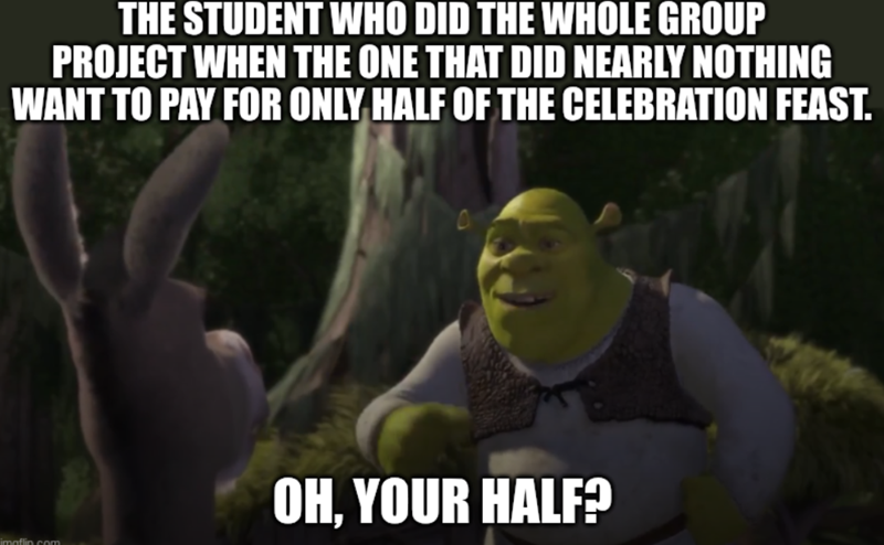THE STUDENT WHO DID THE WHOLE GROUP PROJECT WHEN THE ONE THAT DID NEARLY NOTHING WANT TO PAY FOR ONLY HALF OF THE CELEBRATION FEAST. imaflin.com OH, YOUR HALF?