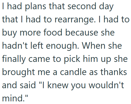 I had plans that second day that I had to rearrange. I had to buy more food because she hadn't left enough. When she finally came to pick him up she brought me a candle as thanks and said "I knew you wouldn't mind."