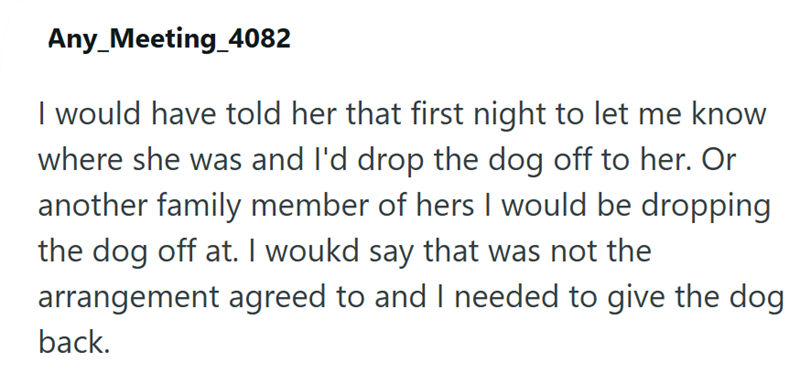 Any_Meeting_4082 I would have told her that first night to let me know where she was and I'd drop the dog off to her. Or another family member of hers I would be dropping the dog off at. I would say that was not the arrangement agreed to and I needed to give the dog back.