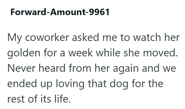 Forward-Amount-9961 My coworker asked me to watch her golden for a week while she moved. Never heard from her again and we ended up loving that dog for the rest of its life.
