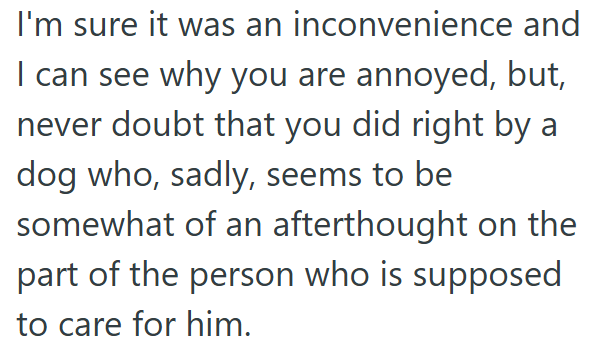 I'm sure it was an inconvenience and I can see why you are annoyed, but, never doubt that you did right by a dog who, sadly, seems to be somewhat of an afterthought on the part of the person who is supposed to care for him.