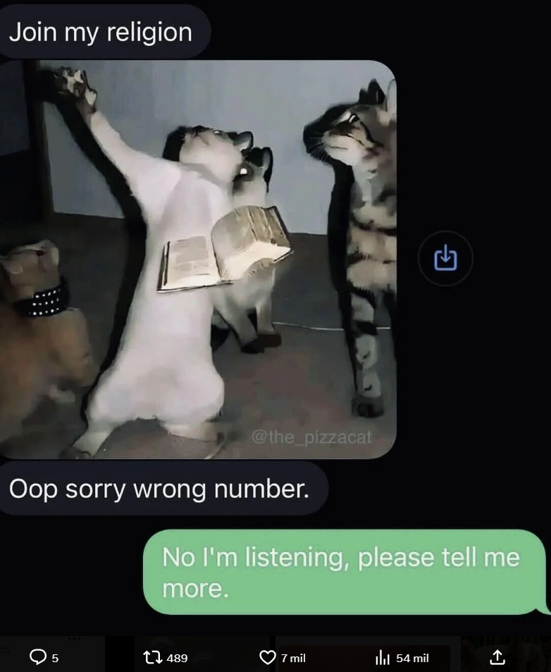 Join my religion € @the_pizzacat Oop sorry wrong number. No I'm listening, please tell me more. es 5 ... 1489 7 mil Ill 54 mil