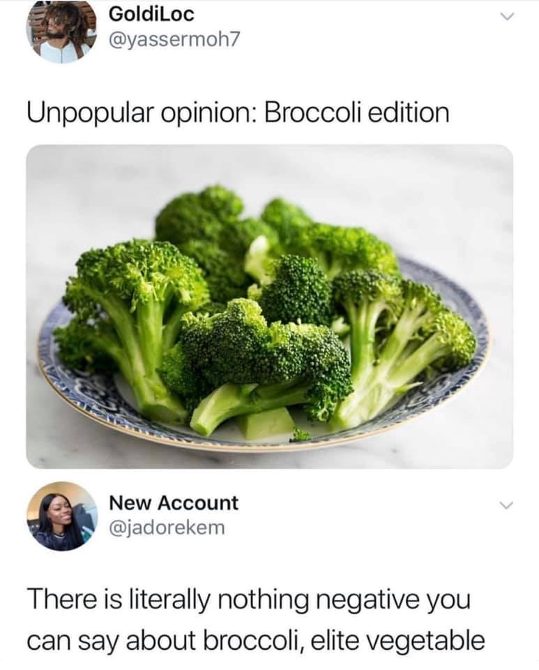 Goldiloc @yassermoh7 Unpopular opinion: Broccoli edition New Account @jadorekem There is literally nothing negative you can say about broccoli, elite vegetable
