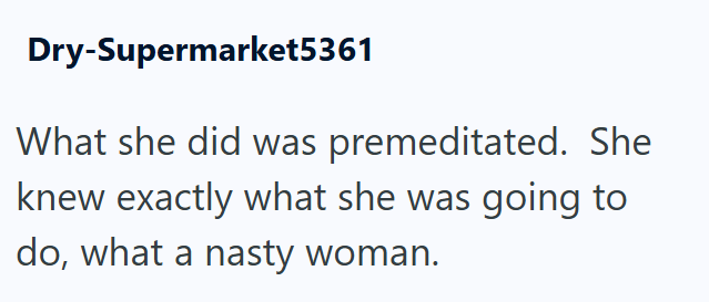 Dry-Supermarket5361 What she did was premeditated. She knew exactly what she was going to do, what a nasty woman.