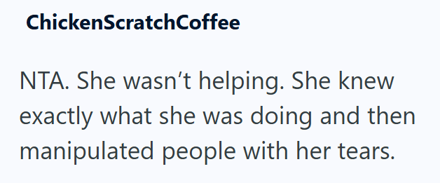 ChickenScratchCoffee NTA. She wasn't helping. She knew exactly what she was doing and then manipulated people with her tears.