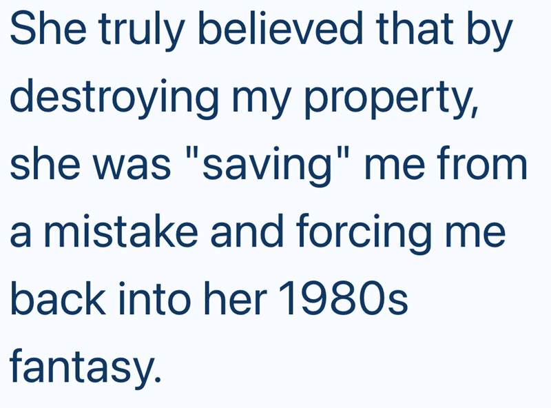 She truly believed that by destroying my property, she was "saving" me from a mistake and forcing me back into her 1980s fantasy.