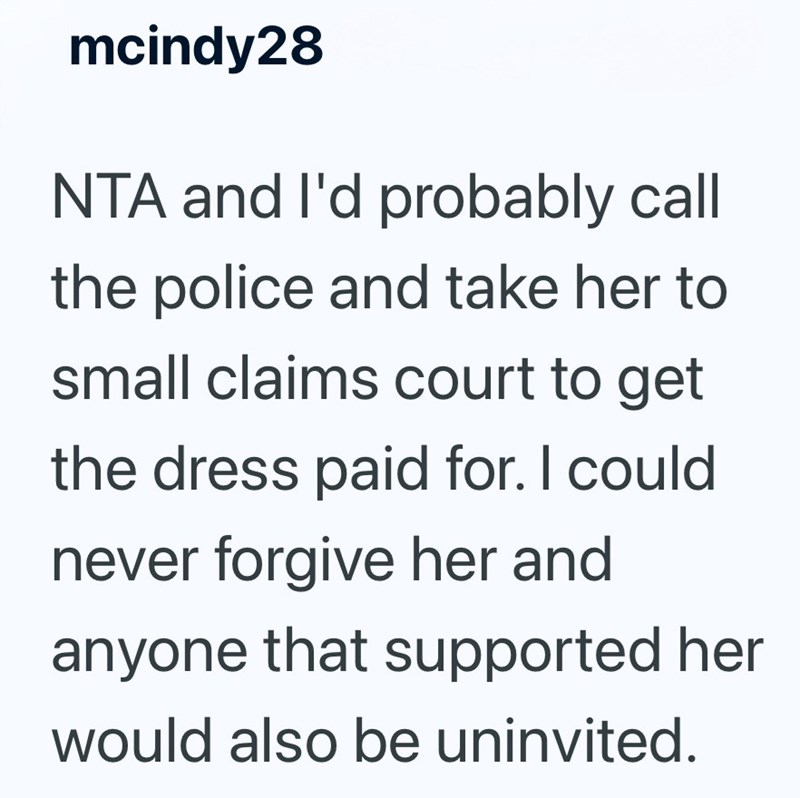 mcindy28 NTA and I'd probably call the police and take her to small claims court to get the dress paid for. I could never forgive her and anyone that supported her would also be uninvited.