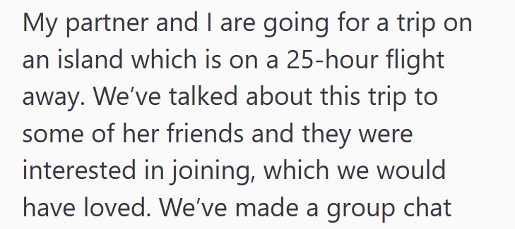 My partner and I are going for a trip on an island which is on a 25-hour flight away. We've talked about this trip to some of her friends and they were interested in joining, which we would have loved. We've made a group chat