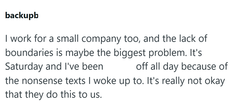 backupb I work for a small company too, and the lack of boundaries is maybe the biggest problem. It's Saturday and I've been off all day because of the nonsense texts I woke up to. It's really not okay that they do this to us.