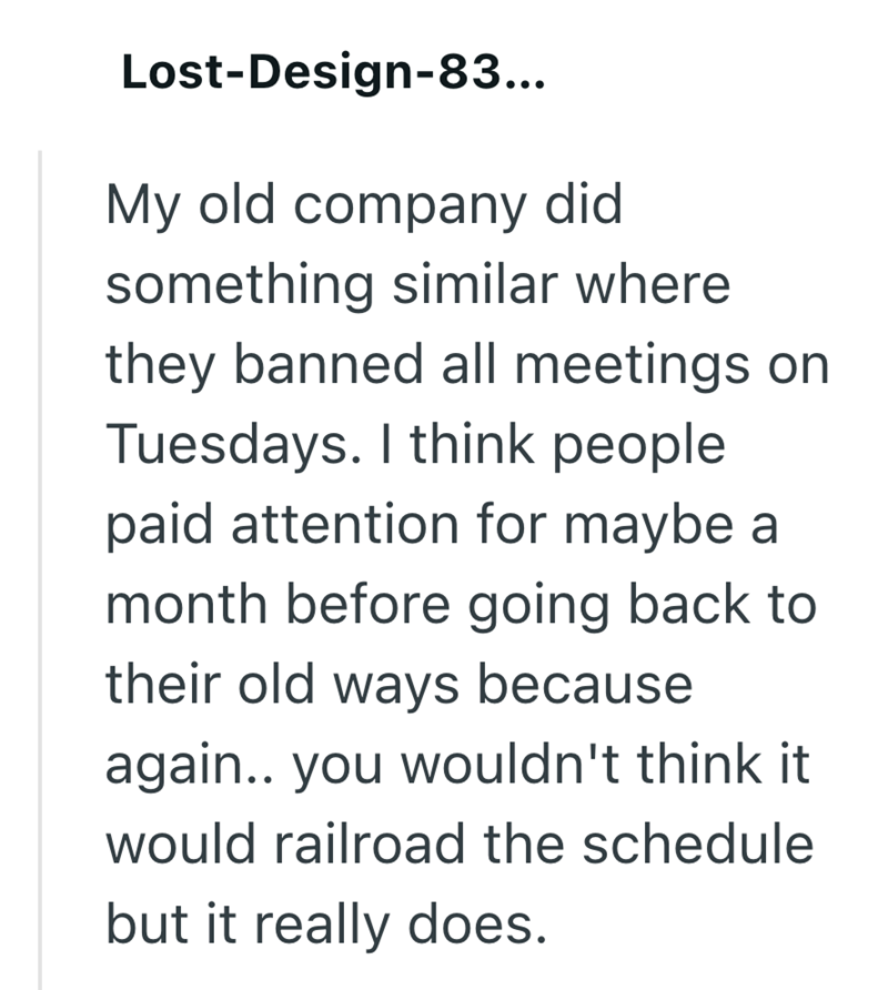 Lost-Design-83... My old company did something similar where they banned all meetings on Tuesdays. I think people paid attention for maybe a month before going back to their old ways because again.. you wouldn't think it would railroad the schedule but it really does.