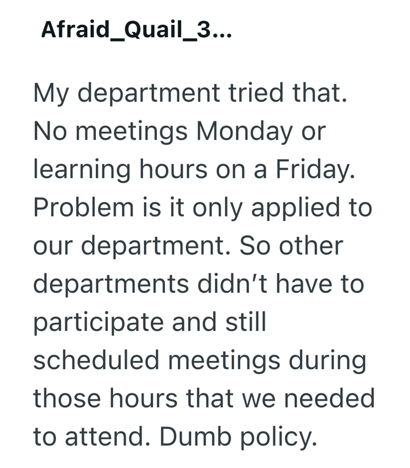 Afraid_Quail_3... My department tried that. No meetings Monday or learning hours on a Friday. Problem is it only applied to our department. So other departments didn't have to participate and still scheduled meetings during those hours that we needed to attend. Dumb policy.