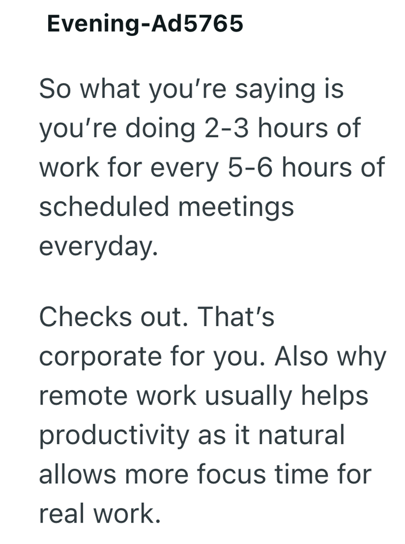 Evening-Ad5765 So what you're saying is you're doing 2-3 hours of work for every 5-6 hours of scheduled meetings everyday. Checks out. That's corporate for you. Also why remote work usually helps productivity as it natural allows more focus time for real work.