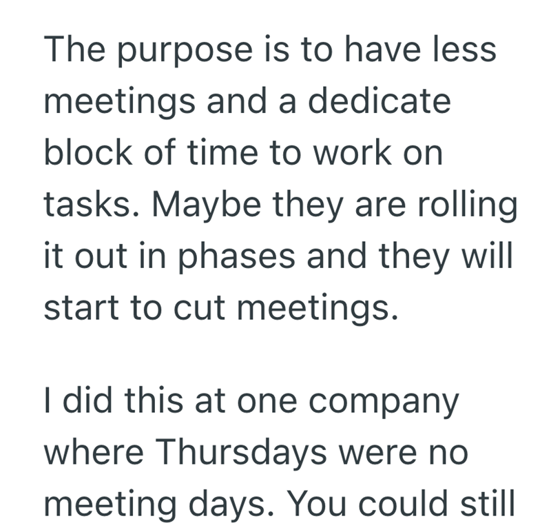 The purpose is to have less meetings and a dedicate block of time to work on tasks. Maybe they are rolling it out in phases and they will start to cut meetings. I did this at one company where Thursdays were no meeting days. You could still