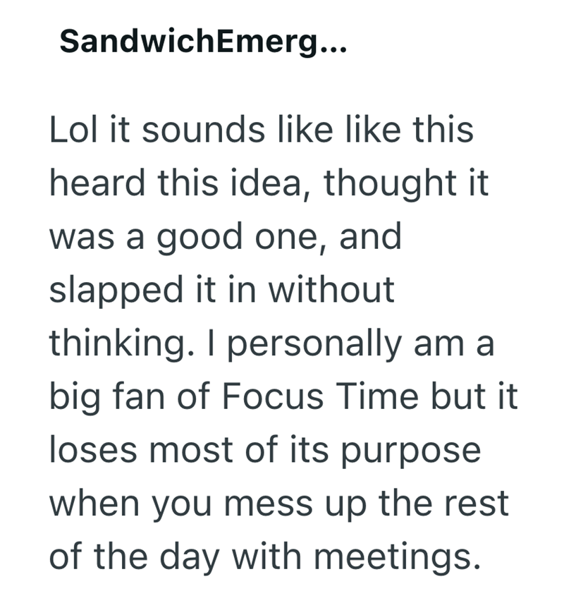 SandwichEmerg... Lol it sounds like like this heard this idea, thought it was a good one, and slapped it in without thinking. I personally am a big fan of Focus Time but it loses most of its purpose when you mess up the rest of the day with meetings.