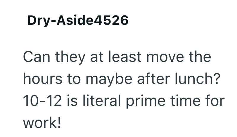 Dry-Aside4526 Can they at least move the hours to maybe after lunch? 10-12 is literal prime time for work!