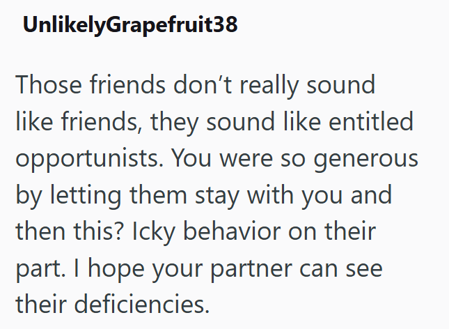 UnlikelyGrapefruit38 Those friends don't really sound like friends, they sound like entitled opportunists. You were so generous by letting them stay with you and then this? Icky behavior on their part. I hope your partner can see their deficiencies.