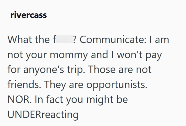 rivercass What the f? Communicate: I am not your mommy and I won't pay for anyone's trip. Those are not friends. They are opportunists. NOR. In fact you might be UNDERreacting