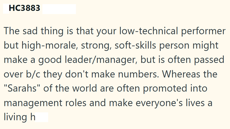 HC3883 The sad thing is that your low-technical performer but high-morale, strong, soft-skills person might make a good leader/manager, but is often passed over b/c they don't make numbers. Whereas the "Sarahs" of the world are often promoted into management roles and make everyone's lives a living h