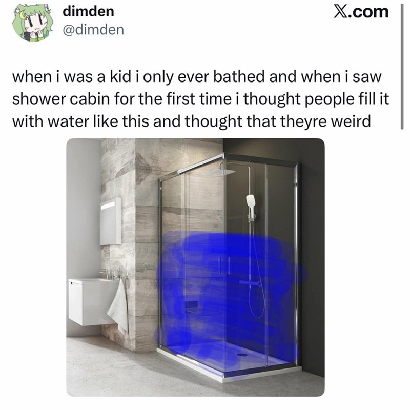 dimden @dimden X.com when i was a kid i only ever bathed and when i saw shower cabin for the first time i thought people fill it with water like this and thought that theyre weird