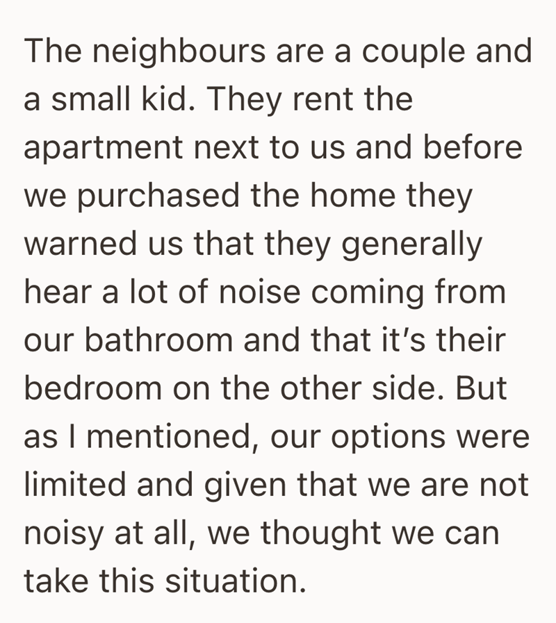 The neighbours are a couple and a small kid. They rent the apartment next to us and before we purchased the home they warned us that they generally hear a lot of noise coming from our bathroom and that it's their bedroom on the other side. But as I mentioned, our options were limited and given that we are not noisy at all, we thought we can take this situation.