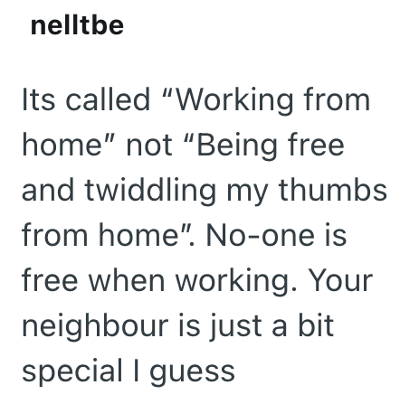 nelltbe Its called "Working from home" not "Being free and twiddling my thumbs from home". No-one is free when working. Your neighbour is just a bit special I guess
