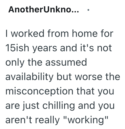 AnotherUnkno... I worked from home for 15ish years and it's not only the assumed availability but worse the misconception that you are just chilling and you aren't really "working"